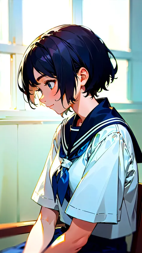 1 Girl、solo、gentle and calm expression、Womens Sailor Uniform、Blue Skirt、Sitting、profile、Upper body close-up、smile、indoor, (Highest quality, masterpiece, Hyperrealism)、Boyish short hair, Black Hair