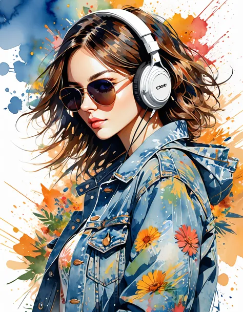 Perfect centering, wear a denim jacket, Wear sunglasses, Wearing headphones, luck, Standing position, abstract beauty, centered, looking at the camera, looking at the camera, Close to perfection, dynamic, Very detailed,  smooth, keen focus, 8k, High resolu...