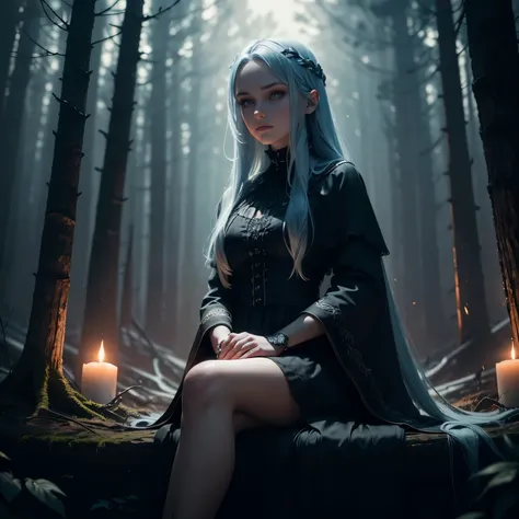 A beautiful young Russian girl with long light blue hair, wearing a sleek black dress, sitting in the middle of a dark mysterious forest at night, surrounded by flickering red flames, (best quality,4k,8k,highres,masterpiece:1.2),ultra-detailed,(realistic,p...