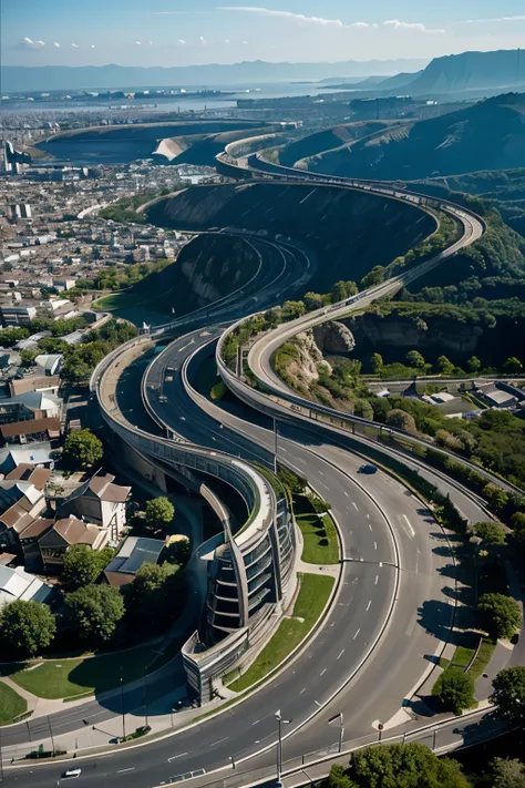 I want a futuristic image of a curved road through a city that goes through 5 different sharp curves.