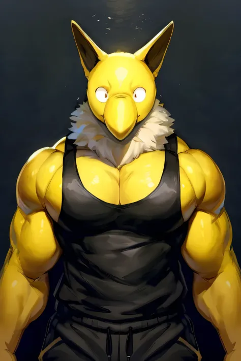 furry, anthro, solo, hypno, male, (((muscular body, massive thighs, massive male pectorals, fluffy neck, yellow skin, wearing bl...