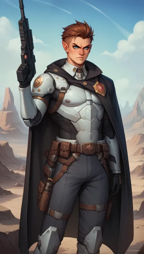 futuristic commander-shooter from a distant future. He is wearing high-tech, battle-worn armor adorned with futuristic symbols. His stern, determined face is visible, with short-cropped hair and battle scars. He holds an advanced energy rifle equipped with...