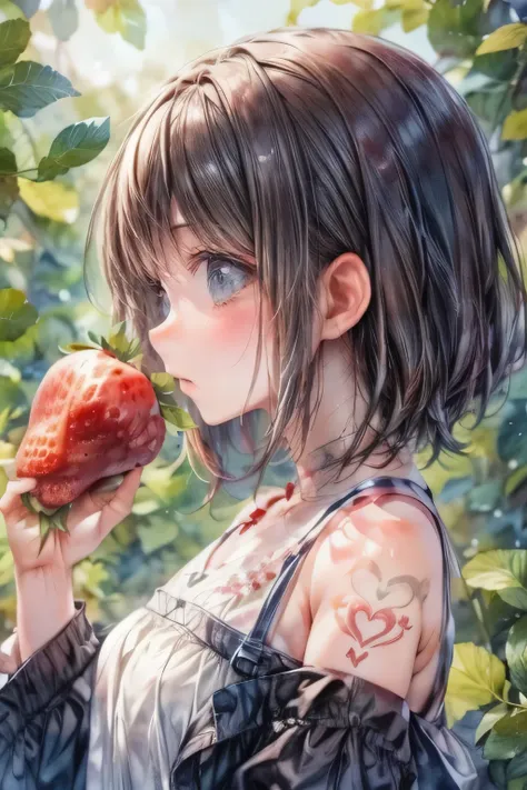 a strawberry, cute girl, single strawberry tattoo on arm, holding strawberry, side view