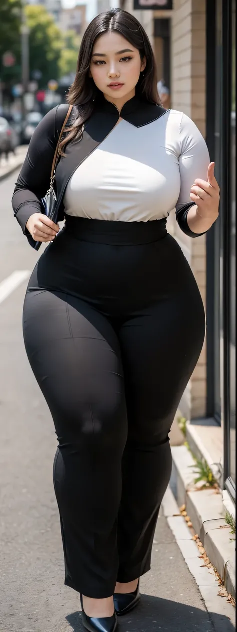 ((best quality)), ((masterpiece)), (detailed), malay woman, perfect face, araffe woman in a dark-black gamis walking down a street, thicc, she has a jiggly fat round belly, bbwchan, wearing tight simple clothes, skinny waist and thick hips, widest hips, he...