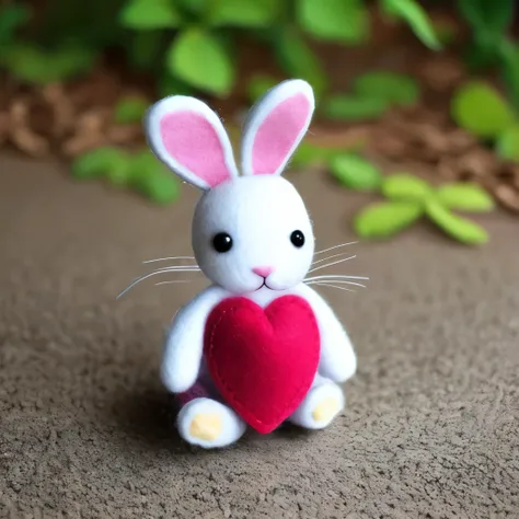 a close up of a stuffed animal with a heart on it, a photo by Anita Kunz, flickr, lowbrow, very detailed felt plushie, felt, bunnypunk, made of felt and cloth and beads, evil. vibrant colors. cute, creepy!!, etsy, springtrap, plush, cute anthropomorphic bu...