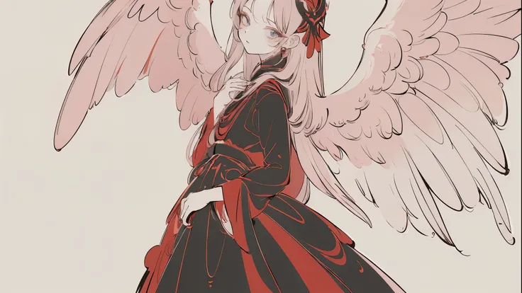 (Designed by nty:1.4),Upper body portrait of a girl,Black and red colorful, colourful, Yoshitaka Amano character setting,solo,Angelic, Symmetrical Beauty, Angel Wings, Gorgeous long skirt, stand up, (((solo))), Color matching，Clear facial features, Clean l...