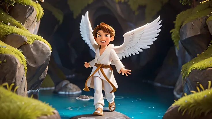 flying angel 14 year old male, wearing white robe, smiling happily near the entrance to a cave with a rock wall, with detailed eyes, extremely detailed face, intricate robes, warm lighting, vibrant colors, photorealistic, 8k, masterpieces, cinematic compos...