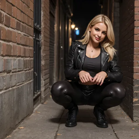 ((realism)), lips, detailed background, (squatting:1.2), dark alley, (legs spread), fit thin athletik body, small breasts, wearing a leather jacket, blond hair, open jacket, (soft smile)