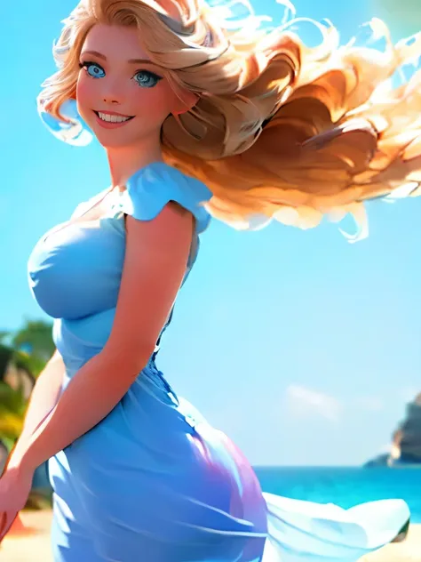 delicate and beautiful CG artwork),(best quality, ultra-detailed, high resolution),(dynamic angle, dynamic lighting),(1 character),(long pink and blonde hair), blue eyes, beautiful face), 1 girl, (long sideburns, plants, smile, long blue dress, 3 d, ocean,...