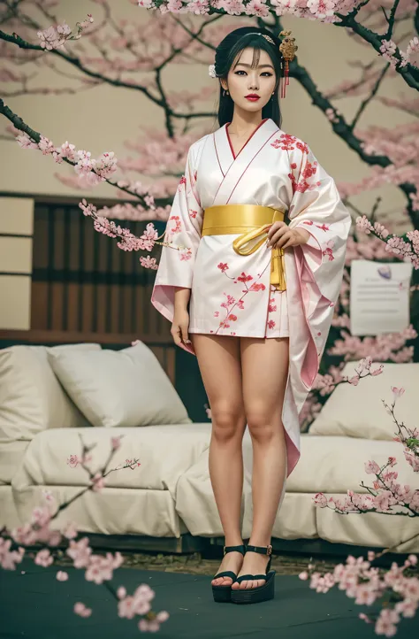 a geisha stands gracefully under the cherry blossoms, there are a lot more, many red cherry blossom petals fall one after anothe...