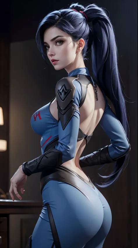 Widowmaker (Overwatch), front view, big ass, perfect breast, beautiful, sexy, slim, cute, highly detailed, deep focused image, realistic full-lenght photo, sexy jumpsuit