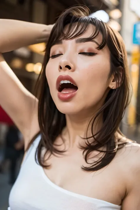 Beautiful Japan actress,Flying debris,Award-winning photo, Very detailed, Edge Orgasm, Woman with open mouth and closed eyes , Sweaty skin、Lighting that highlights shiny sweat{{{Spread the word }}}, Black Hair、Browsing Caution,{{{{Crowd of elderly male spe...