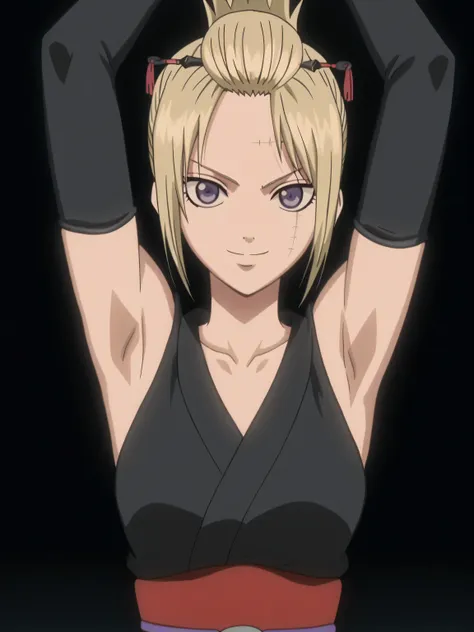 score_9, score_8_up, score_7_up, source_anime, tsukuyo, blonde hair, folded ponytail, scar on face, purple eyes, collarbone, bla...