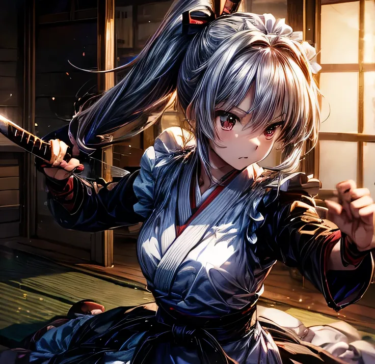 Maid　Black Hair　Ponytail Long　Yagyu Shinkage-ryu swordsmanship　Exercise martial arts　Menkyo Kaiden　Tosei Gusoku　armor　Japanese sword　Sengoku period　
