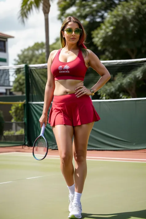 Full body photo of 50YO MATURE MILF AISHWARYA RAI as SEXIEST BIMBO TENNIS STAR, ((COMPLETE RED MICRO MINI SKIRT AND T-SHIRT EXPOSING BELLY NAVEL)), ((ponytail GREEN COLOURED hair)), ((WALKING IN WIMBLEDON CENTRE COURT)), day scene, ((curvaceous mature hour...