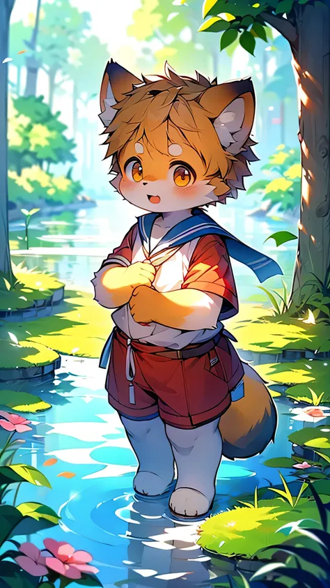 Red Panda Boy,Characteristics of Sailor Suits,super high quality,Very detailed,High resolution,Cute art style in anime,Rice field scenery,：tall stature,pixiv Contest Winner,Official Art,furry animal with a tail,fur art,(Cheerful teenager,13 years old:1.3),...