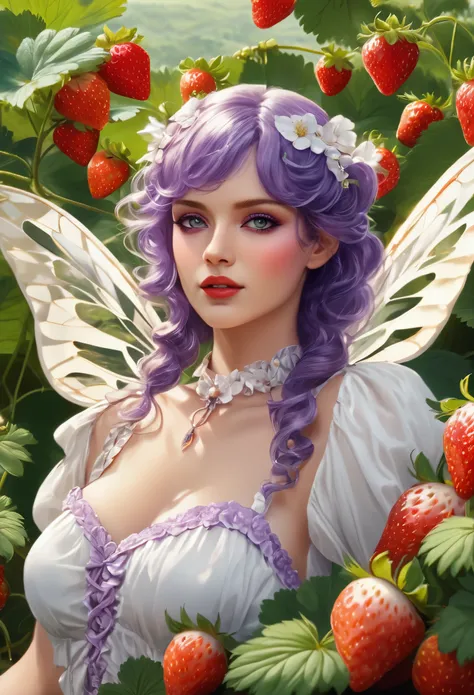 a portrait of a female fairy resting in a (field of strawberries: 1.3) extremely beautiful fairy, ((full body: 1.5)), ((anatomically correct: 1.5)), (ultra detailed face: 1.2),ultra feminine, busty, best detailed face, dynamic hair color, dynamic hair styl...