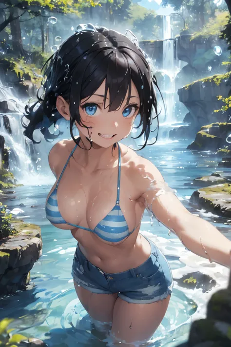 ((Top Quality)), ((Excellent)), (Details), ((Nymph)), cate, Ultra-Realistic, Stunning Environment, Bright Colors, 13 Years Old,((Blue Eyes)) , Black Hair, (Childish Face), ((Giddy-Smile)),(Bob Hair), ((From Above)) ,((close_up)), Medium Breasts, Summer, ((...