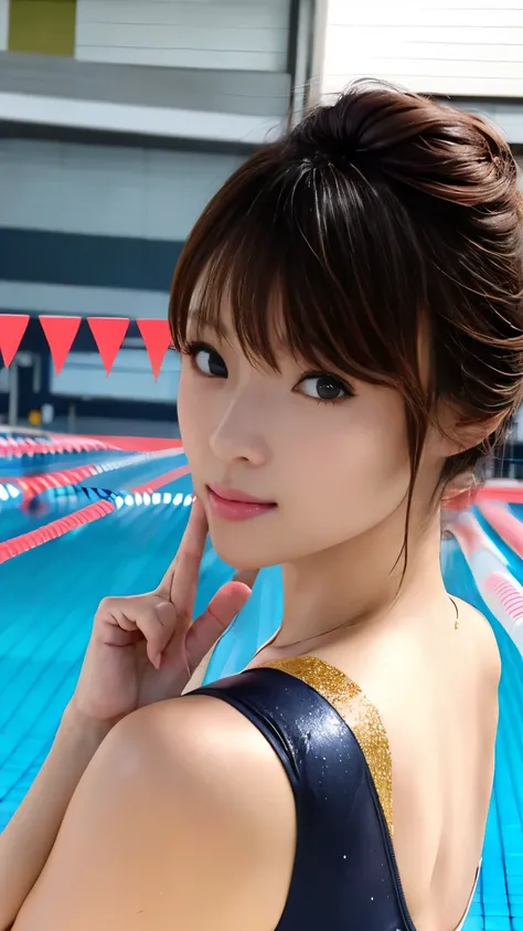 (((A beautiful female swimmer participating in the Olympic artistic swimming competition))),(((Perfect Anatomyに基づいた余分な関節の無い四肢を丁寧にプールの上から競技しているところを全身4K描写する))),(((Shiho walking along the side of the indoor artistic swimming pool))),A large special stadium wi...