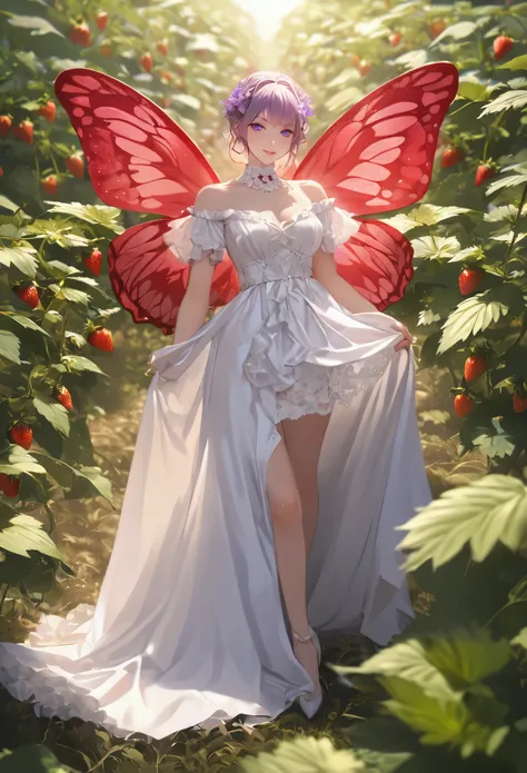 a portrait of a female fairy resting in a (field of strawberries: 1.3) extremely beautiful fairy, ((full body: 1.5)), ((anatomically correct: 1.5)), (ultra detailed face: 1.2),ultra feminine, busty, best detailed face, dynamic hair color, dynamic hair styl...