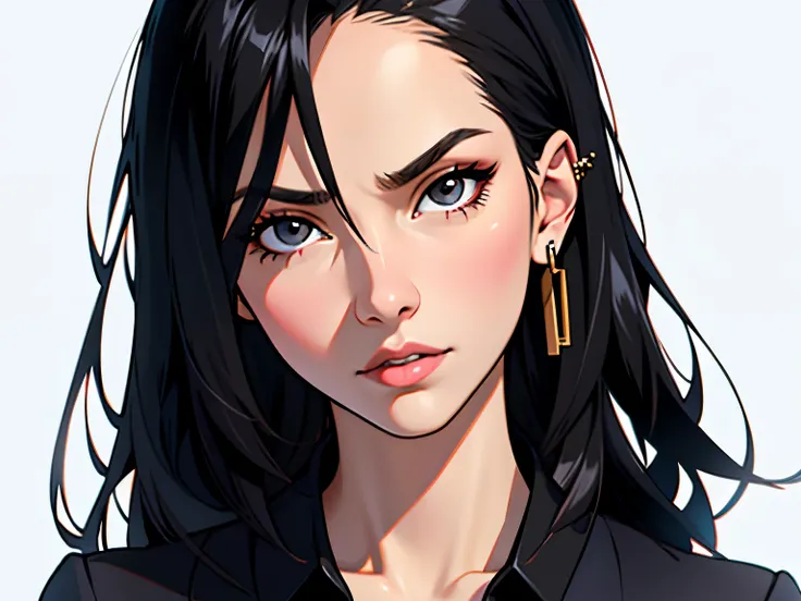 woman 29 years old , long straight shiny black hair , arrogant look and expression, bust and face view, front point of view facing camera, basic clothing, neutral background , piercing no nariz