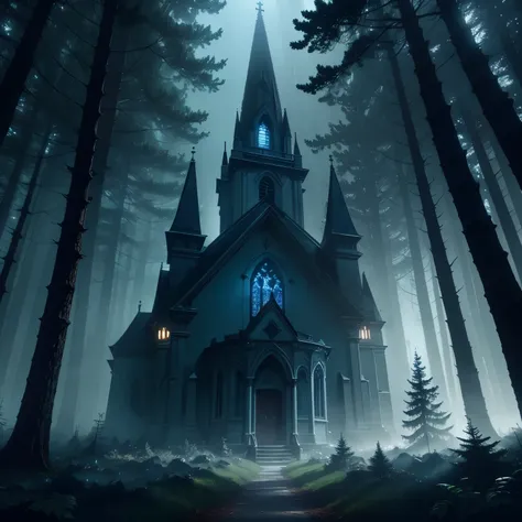 a church in a dark forest at night, luer light blue, ultra-detailed, ultra-realistic, 8k, photorealistic, professional, cinematic lighting, moody atmosphere, intricate architecture, gloomy forest, moonlight, fog, dramatic shadows, ethereal, mystical, fanta...