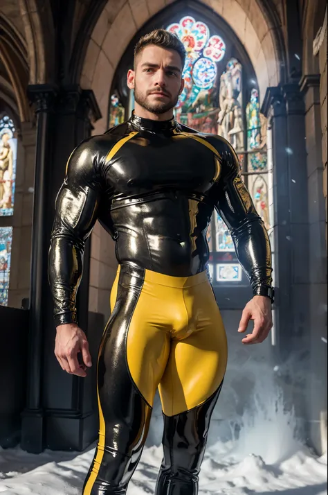 ultra high res, best quality, photo, 4k, (photorealistic:1.4), cinematic lighting, a muscular man, abdominal muscle, wearing yellow red black germany thrmed shiny tight latex crop top,yellow red black germany theme latex leggings,cyberpunk environment, sno...