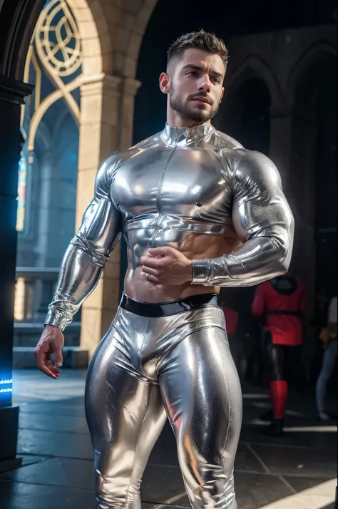 ultra high res, best quality, photo, 4k, (photorealistic:1.4), cinematic lighting, a muscular man, abdominal muscle, wearing silver shiny tight latex crop top,silver tight latex leggings,cyberpunk environment, snow and environment in the background, cathed...