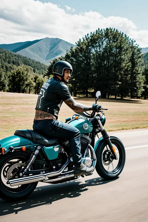 tattooed man with motorcycle delivery service