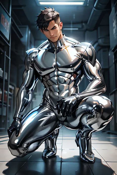 Handsome Japanese male models　　Tough　Rugged　 Fierce　Black Hair　　Short cut　　smile　looking at the camera　　　 　Mega Bulge　　　　Shiny full-body silver suit　　　Shiny silver latex suit　Black Hair　Adult man　　　squat　Get down on one knee　
