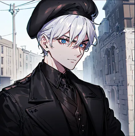 1 homem jovem short, 16 years old, white hair, blue eyes ((8-Bud Beret outfit - Peaky Blinders Style (((black clothing))) look seriously, perception from the front 