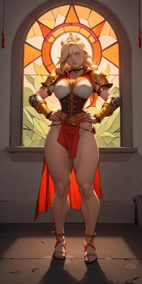 paladin lady in ornate golden armor, black collar, pauldrons, breastplate, corset, glowing halo, single braid, blonde, yellow glowing eyes, bright pupils, eye focus, red cape, temple indoors, stained glass windows, night, moonlight, particles, light beam, ...