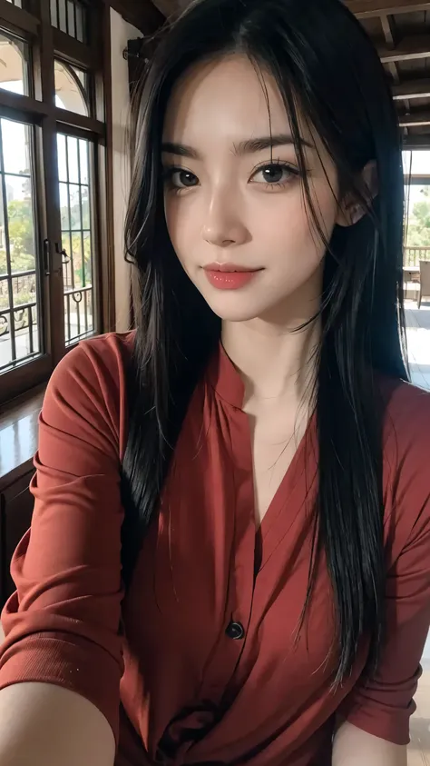 (selfie view), white asian woman, (long black and purple hair), ((red outfit)), (detailed face), beautiful eyes, lips, nose, (de...