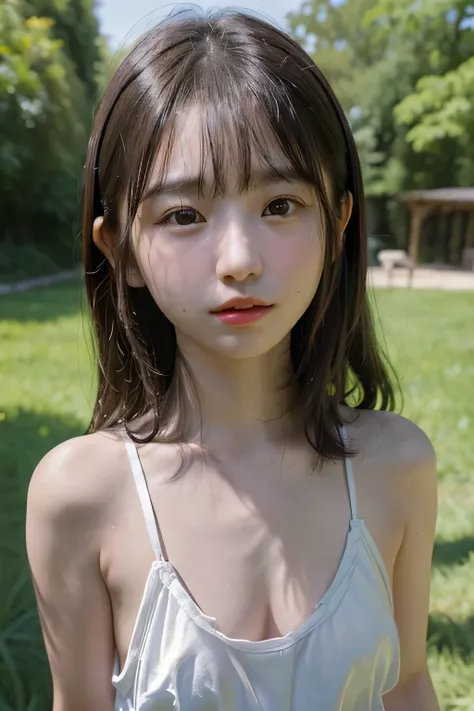 (Chiaroscuro:1.3)、(Highly detailed CG Unity 32k wallpaper,masterpiece, Highest quality, Super detailed),Tan Lines、(Flat Body:1.3)、(12 years old)、Face shot close up、Outdoor、Looking up at the sky