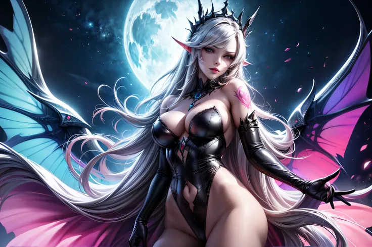 In the middle of ruined old castle there is beatiful undead lich queen who stand under the stary night sky, she have beatiful face, long silver hair with pink highlights her eyes is emerald green red lipsick and smoky eyes make up, her naked tattooed body ...