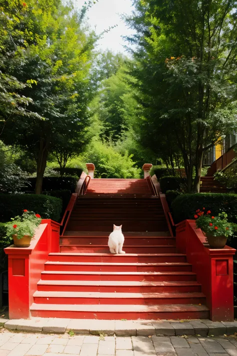 farewell red stairs two people a cat