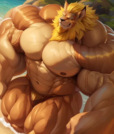 Solo, 1boy, a huge muscular furry Leomon old man working out in the beach, digimon, huge shoulder muscle, shirtless, muscle, strong man, strong leomon, huge muscle, short golden hair, arrogant smile, golden hair, massive body, ((really big muscle, massive ...