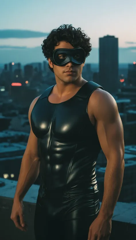 analog film photo, photo of a male superhero, 24 years-old, curly dark hair, hairy chest, lots of body hair, sun-tanned skintone, muscular stocky physique, overweight, wearing a domino mask, posing on a neon-lit rooftop, nighttime, cyberpunk skyline, resem...