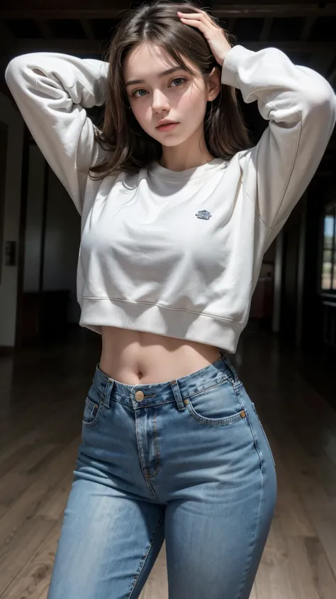 Beautiful 18-year-old brunette girl wearing high-waisted jeans and 4-button pants and a sweatshirt with her hands on her head, showing her navel