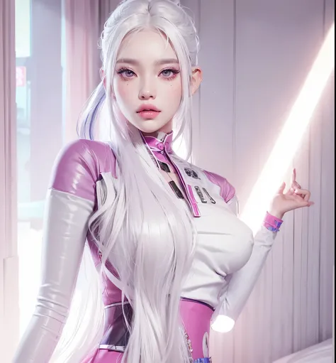 aVATAR SECOND LIFE Korean girl wearing pink blouse, White hair, White hair, White hair, Asian, Perfect and detailed face, imvu, maximalist details, AVATAR SECOND LIFE Korean blusa , neon