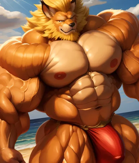 Solo, 1boy, a huge muscular furry Leomon old man working out in the beach, digimon, huge shoulder muscle, shirtless, muscle, strong man, strong leomon, huge muscle, short golden hair, arrogant smile, golden hair, massive body, ((really big muscle, massive ...