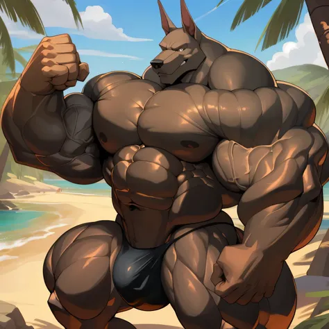 Solo, 1boy, a huge muscular furry doberman old man working out in the beach, huge shoulder muscle, shirtless, muscle, strong man, strong doberman, huge muscle, short hair, arrogant smile, jet black hair, massive body, ((really big muscle, massive muscular,...