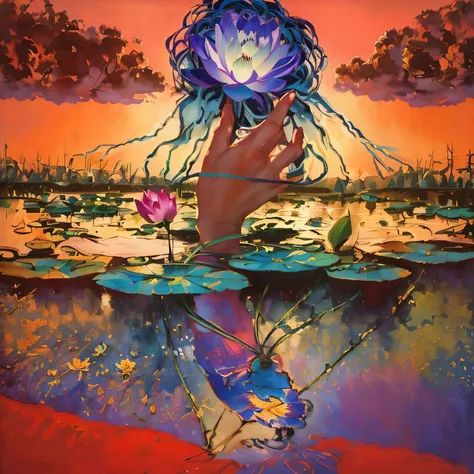 painting of a hand reaching out from a pond with a lotus flower, by Michael Sutfin, by Rob Alexander, by David G. Sorensen, beksinski and alex gray, michael hutter, by Kathleen Scott, by Chris Rahn, daniel merriam :.1, alex grey and beksinski, surreal oil ...