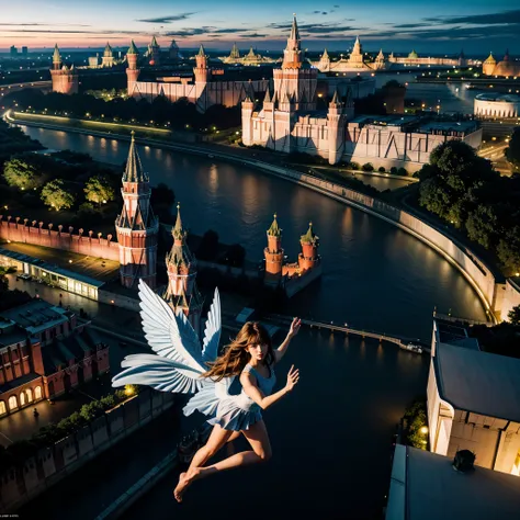 blue sky, evening light, (Aerial View of Kremlin complex of buildings:1.6), ((Beautiful woman is Floating in the Air)), Delicate white BodySuit, (Detailed beautiful face), wide angle lens f/2.8, ultra insane high resolution intricate textures, texture inde...