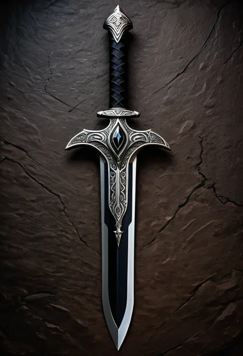 a black gladius of primordial and imposing design, with an aura of deep and unfathomable power. the blade is adorned with white ...