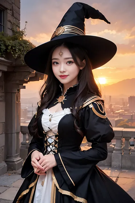 ((Highest quality, 8k, masterpiece: 1.3)),sharp: 1.2,Perfect Body Beauty: 1.4,pretty girl,Highly detailed face and skin texture,Detailed eyes,double eyelid,((Black Hair:1.4)))、((Fantasy)),((witch)),((Circlet)),smile,Wide Shot,Blue Hour