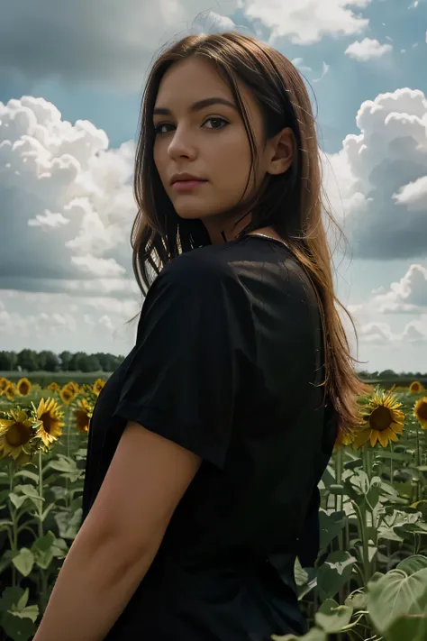 Brunette in black one piece in field of sunflowers with cloudy sky, blonde, 21 years old, slight smile