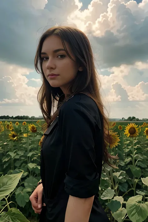 Brunette in black one piece in field of sunflowers with cloudy sky, blonde, 21 years old, slight smile