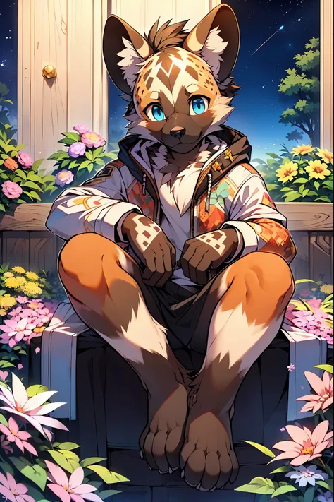 masterpiece,High quality,furry,(African wild dog sitting and looking up at the stars),light blue eye,male,One person,(Grassland with various flowers blooming),joyful,(hooded jacket),night