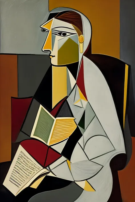 Woman reading book sit on chair, picasso style expresionism, artistic composition muted colors, gray, black and white, creamy, dark red, light brown,